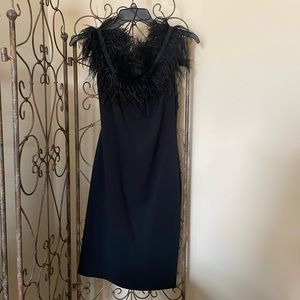 Vince Camuto Asymmetrical Ostrich Feather Trimmed Black Sheath Dress